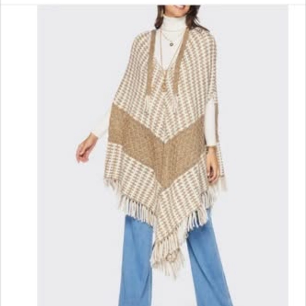 Ramy Brook Tan and Cream Fringe Poncho